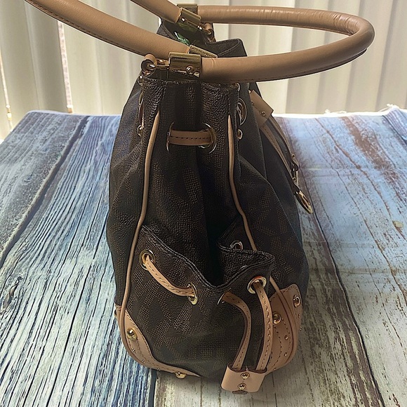 Michael Kors Brown Logo Canvas Satchel Tote with Leather Trim gold-tone hardware - Picture 3 of 16